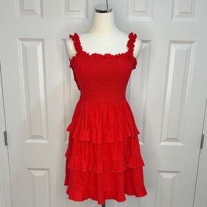 Lulus Scarlet Red Smocked Tiered Back Tie Ruffles Cottagecore Mini Dress Size S